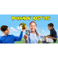 a boy holding up a pokemon character, girl holding a pokemon card, and another boy on a laptop