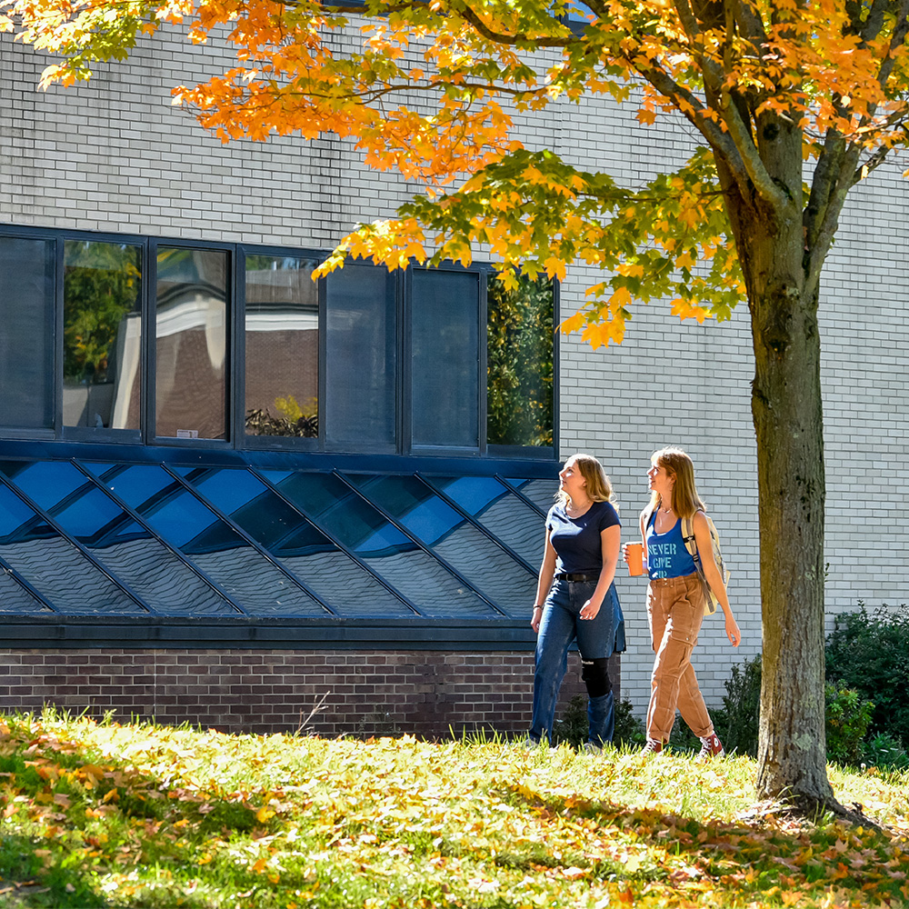 students walking on campus during fall afternoon