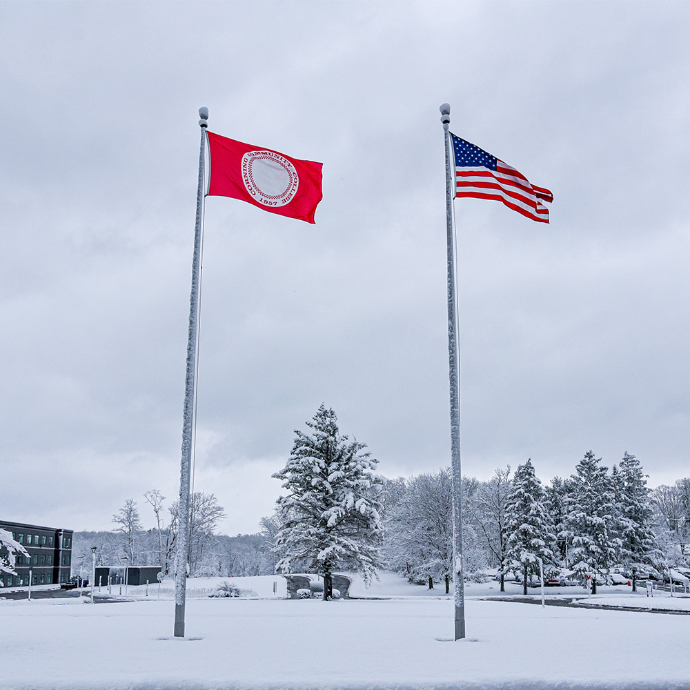 ccc and american flag on a snowy day