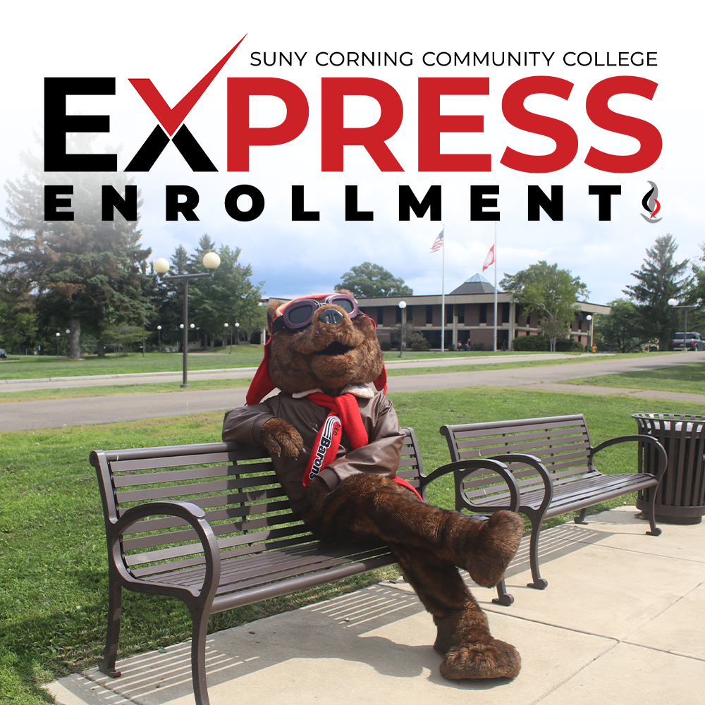 Red Baron Mascot sitting on a bench. SUNY Corning Community College Express Enrollment.